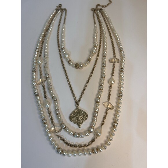 Chico’s 5 Strand Long Gold & Faux Pearl Necklace With Extender. - Picture 2 of 2